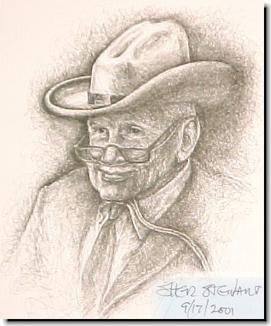 Sepia pencil drawing of Justin Dart by Sher Stewart.