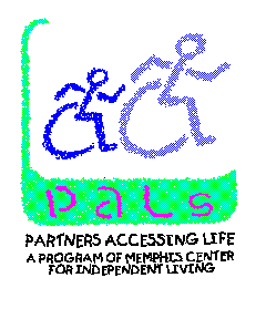 The PALs logo, a drawing of two people in wheelchairs and labled Partners Accessing Life, a program of MCIL