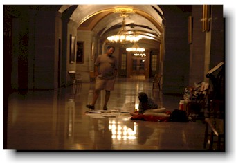 The hallway outside the governors office with 2 activists.