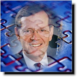 A puzzle is superimposed over Mike Leavitt.